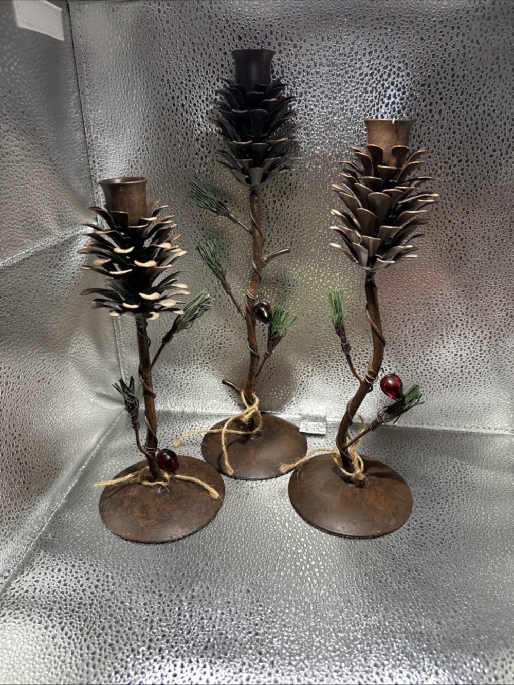 Rustic Pinecone Metal Candle sticks Holders - Set of 3
